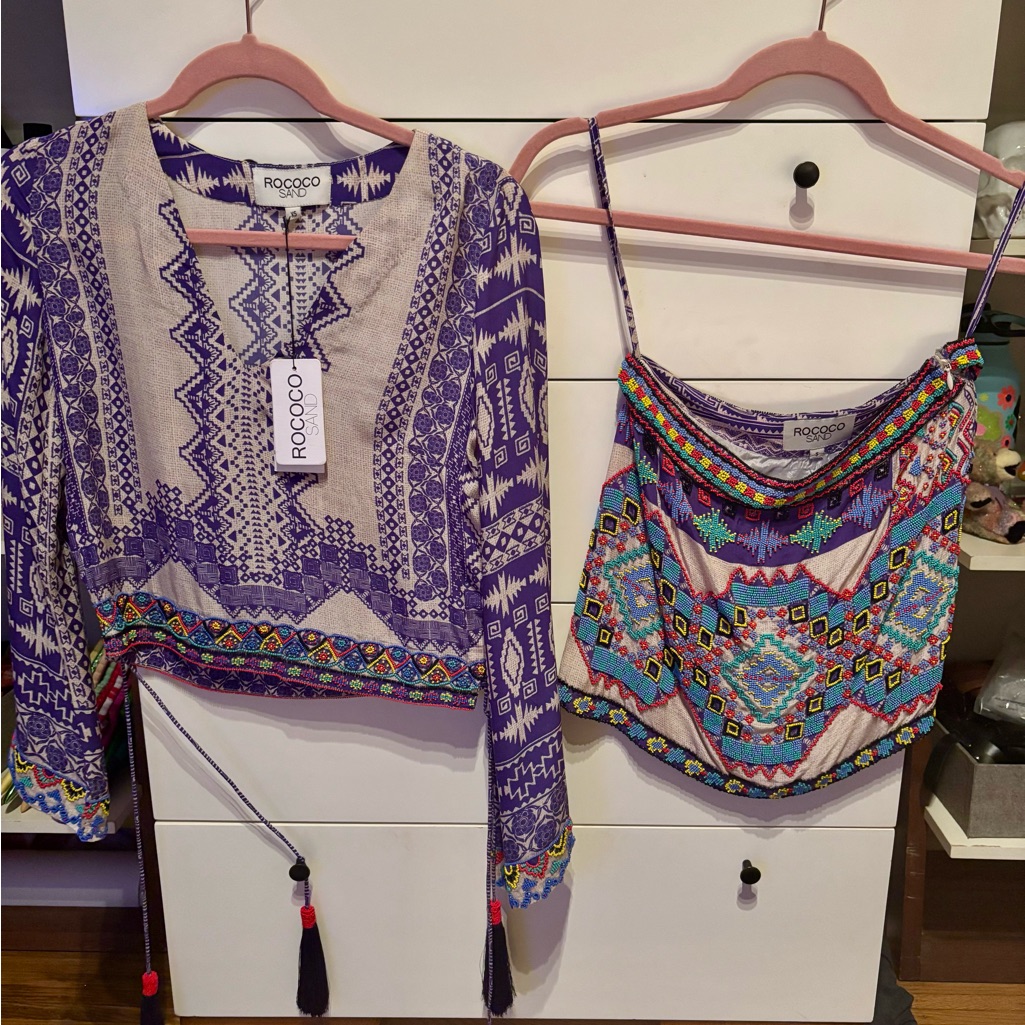 Rococo Sand Purple And Multicolor Navajo Skirt And Blouse Set With Beadwork.